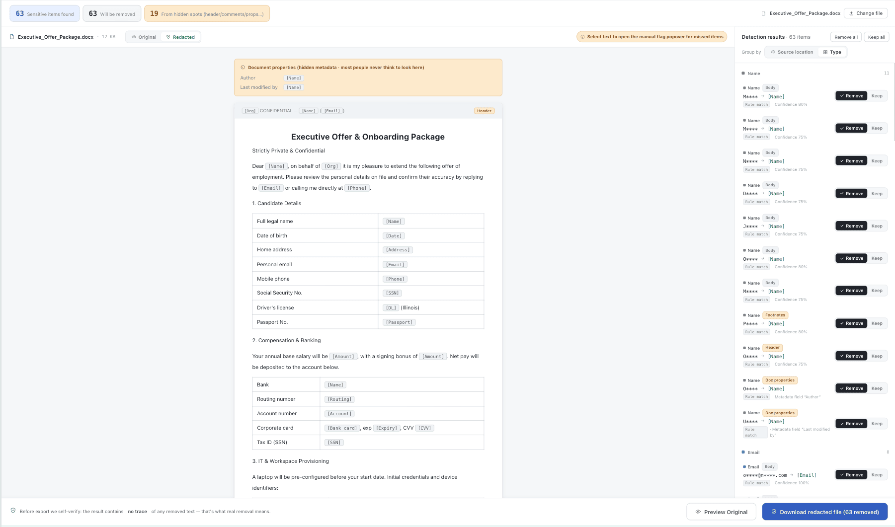 CleanDoc's review screen: the Word document on the left with sensitive info highlighted, and a checklist of every detected item on the right