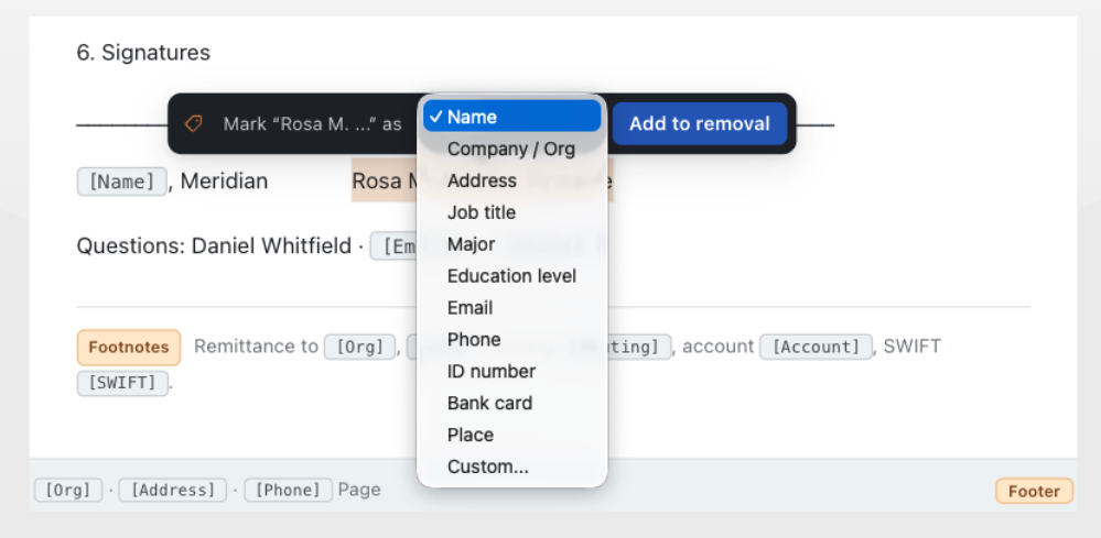 Manually select text in the document preview to flag it for redaction